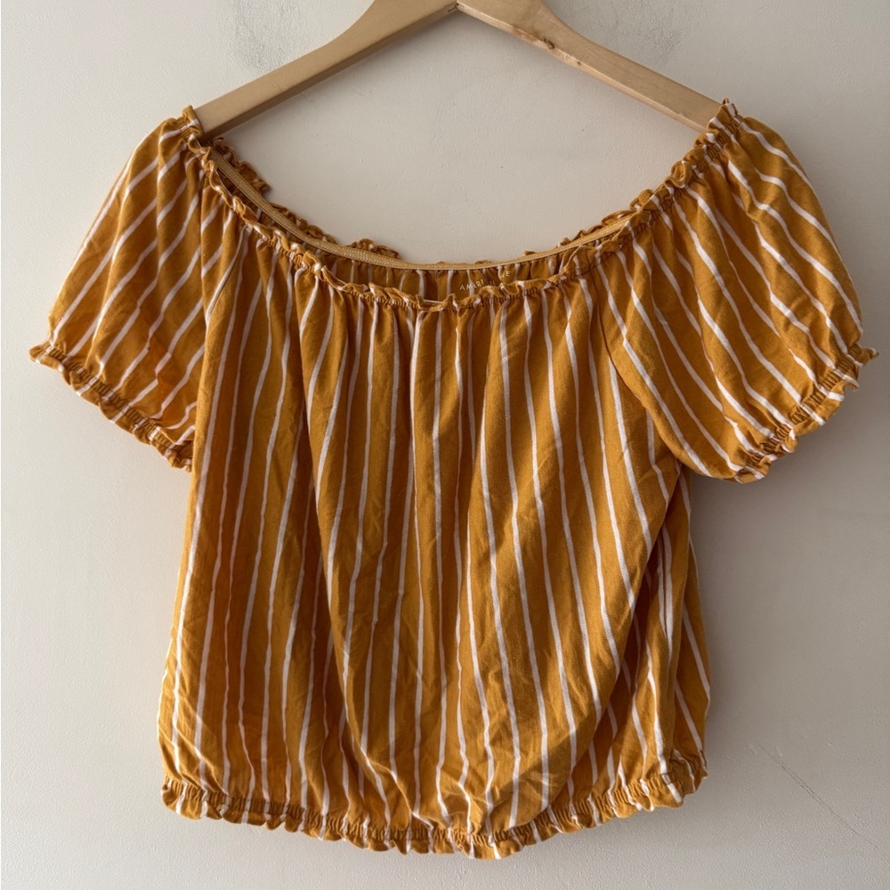 American Eagle Yellow and White Strip Off The‎ Shoulder Flowy Blouse Top
